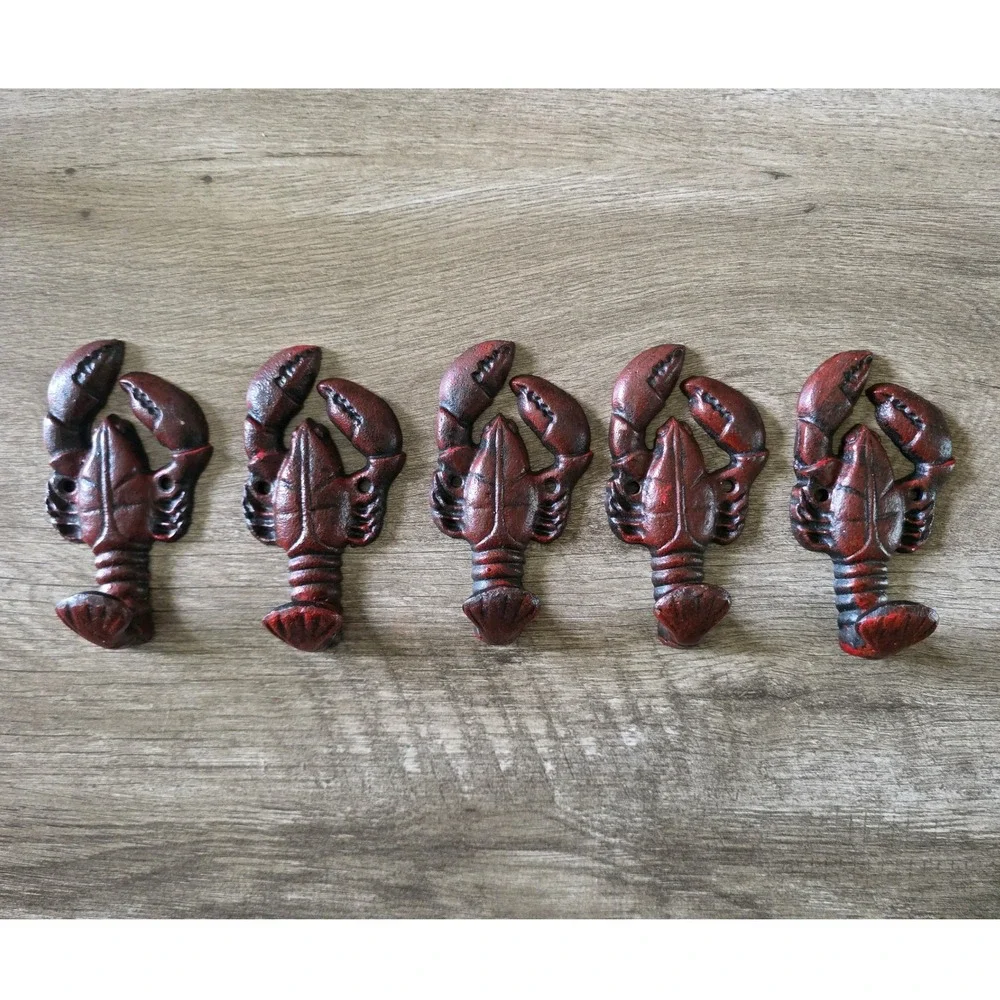 Set of 5 Cast Iron Lobster Wall Hooks Rustic Red Nautical Coastal Decor 6 inch